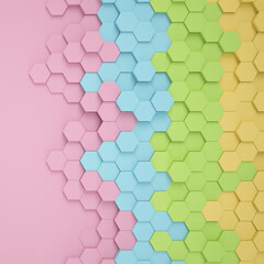 3d rendering of hexagons in rainbow color (pink, blue, green and yellow) over pink color Background - abstract background - wallpaper - backdrop.