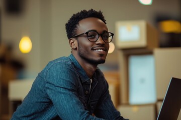 Obraz premium Handsome young man, smiling businessman is sitting at his desk in the office, surrounded by working on an online store, ready to ship goods for customers throughout the country