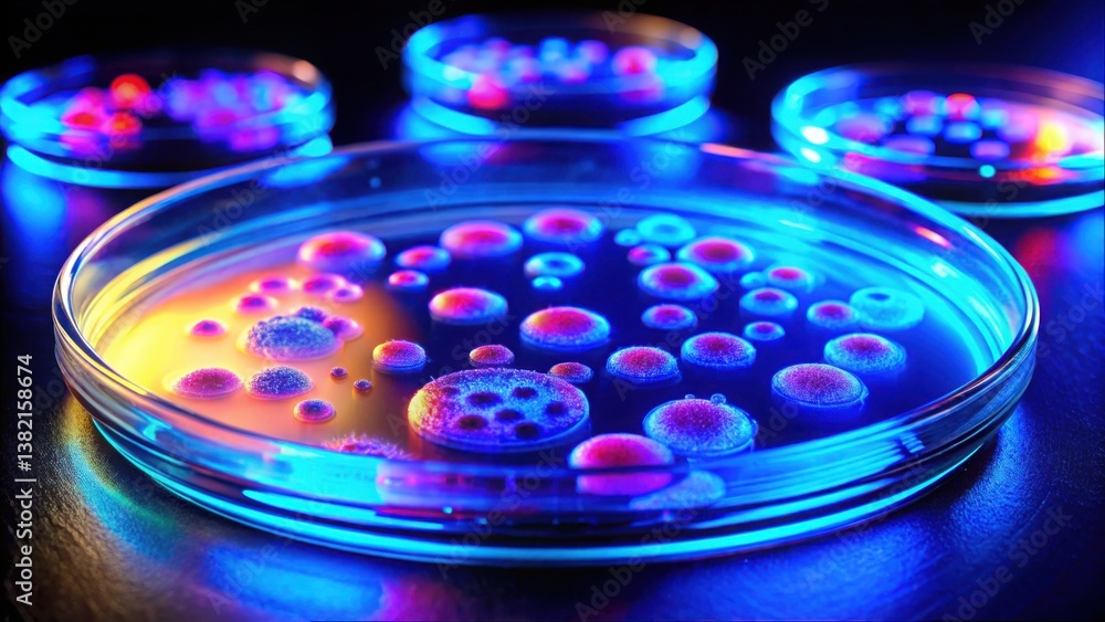 Poster vibrant colonies in petri dish under uv light displaying unique patterns