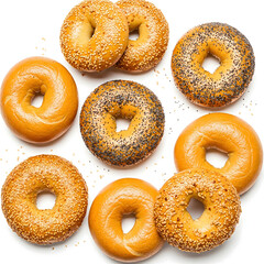 Bagel Selection: A collection of appetizing bagels, featuring a variety of flavors and textures, offering a delightful assortment of fresh-baked goodness.