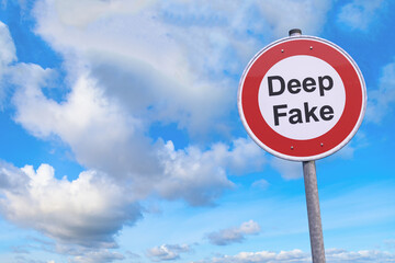 3d rendering of a prohibition  traffic sign with the message deep fake - banned symbol - in the background a blue sky with clouds.