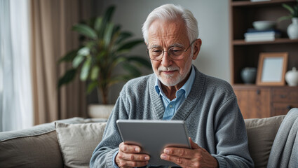 Older Adult Engaged with Technology in Peaceful Living Room with Soft Ambient Light

