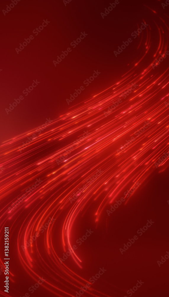 Poster vertical illustation of glowing neon lines in red on reflecting floor - abstract background.