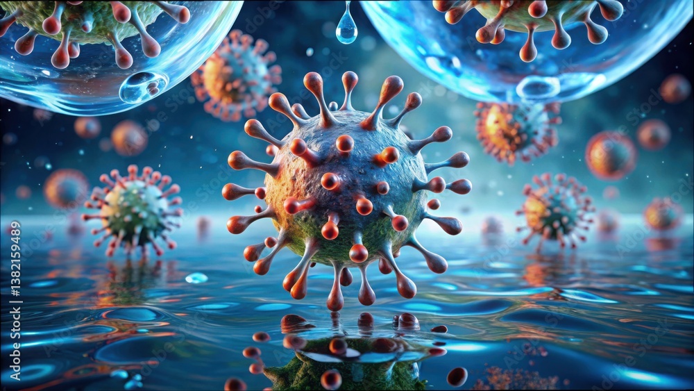 Poster swarm of viruses over water with droplets in animation style