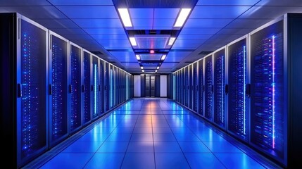 Futuristic data center hallway with glowing blue server racks and overhead lighting. Ideal for technology services, data storage, cybersecurity, and cloud computing visuals