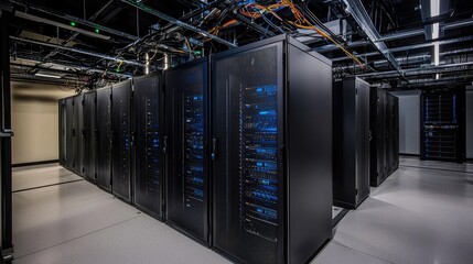 Modern data center with rows of black server racks and overhead cable management under bright lighting. Ideal for cloud computing, IT infrastructure, and tech network visuals