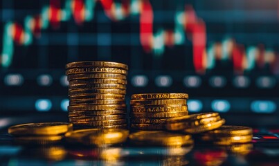 Stacks of shiny gold coins in front of a blurred financial chart with red and green candlesticks. Ideal for topics on cryptocurrency, market analysis, and economic growth