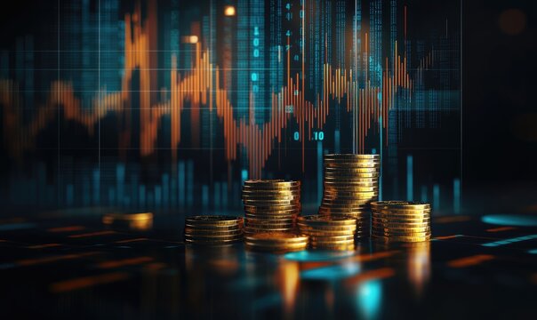 Stacks of gold coins overlaid with glowing financial chart data on dark background. Perfect for illustrating trading, investing, wealth growth, and economic analytics concepts