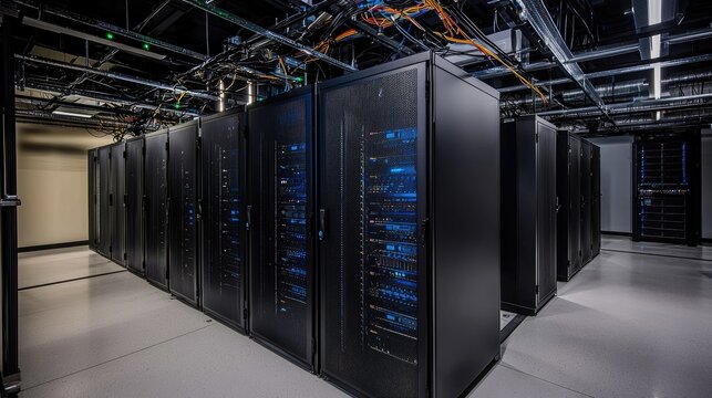 Modern data center with rows of black server racks and overhead cable management under bright lighting. Ideal for cloud computing, IT infrastructure, and tech network visuals