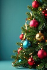 Christmas Tree with Colorful Balls and Ribbons, balls, garland, balls