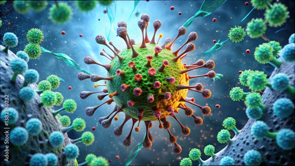 Poster virus simulation breaking through cell wall in high-resolution detail