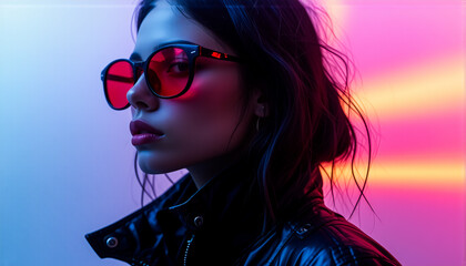 Fototapeta premium A woman with red sunglasses is highlighted by bright neon lights, creating a fashionable, intense, and modern portrait. Dark hair and black jacket complete the edgy look.