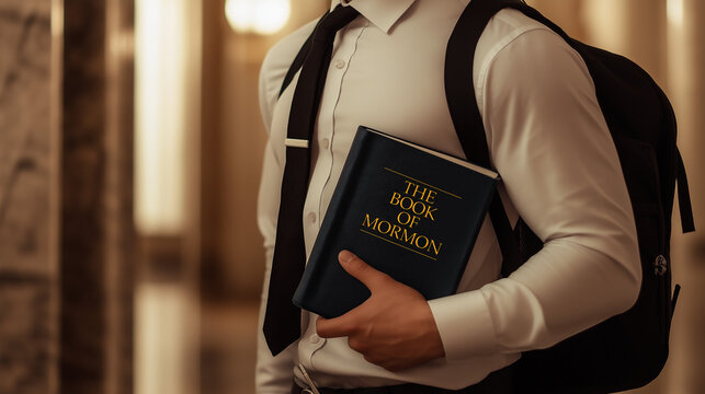 young mormon missionary with a Book of Mormon. LDS, christian church