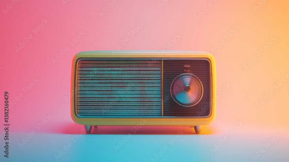Poster a vintage-style radio with a colorful gradient background, highlighting its retro design and nostalg