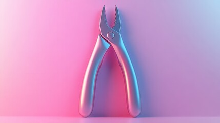 A sleek pair of pliers, illuminated with vibrant pink and blue lighting, rests against a soft gradient background, showcasing its modern design.