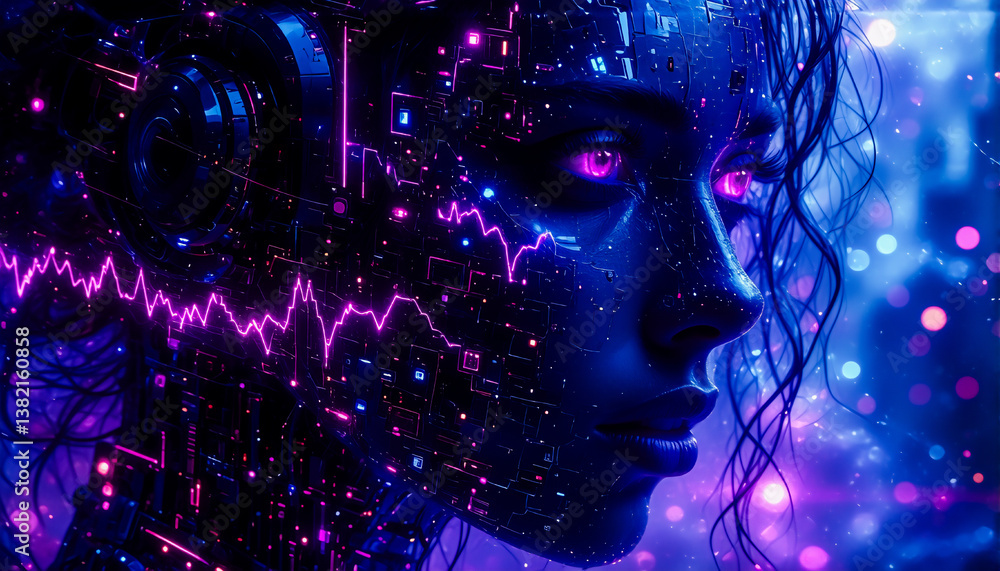 Poster A digital portrait of a woman's profile is illuminated with neon purple and blue lights, showcasing abstract data patterns and a futuristic technological aesthetic.
