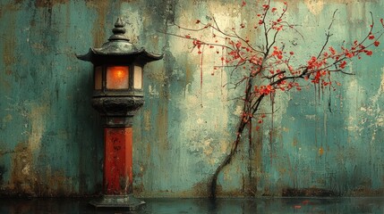 Asian lantern, vibrant blossoms, aged wall
