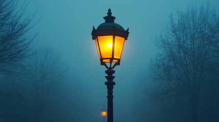 Foggy park lantern light