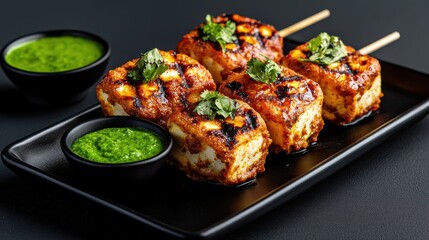 Elegant Black Plate with Gourmet Food Displayed on Black Tray in Style