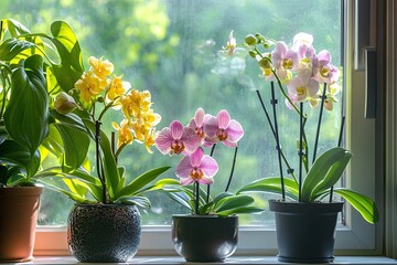 Naklejka na ściany i meble Vibrant orchids and a plant on a sunny windowsill