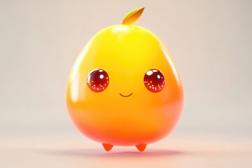 Adorable 3D render of a cute, mango-like character with big eyes and a small smile.