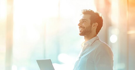 Portrait of a happy businessman with a laptop in the office. The color scheme is predominantly white, with a blurred background, creating a clean and minimalist concept with ample copy space
