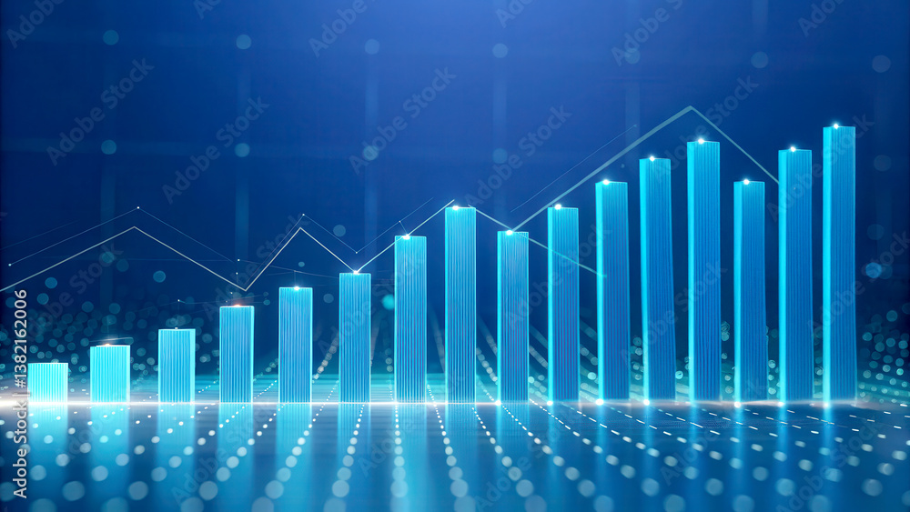 Poster seo traffic trends concept. data visualization with glowing graphs and bars against a blue backgroun
