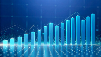 SEO traffic trends concept. Data visualization with glowing graphs and bars against a blue background.