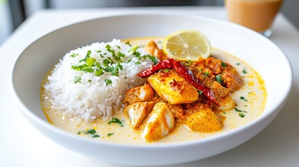 Delicious Bowl of Steamed Rice Accompanied by Refreshing Drink in Setting