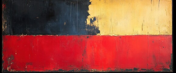 Abstract painting with bold horizontal stripes of black, yellow, and red.  Textured paint shows signs of aging or weathering