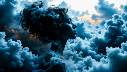 Ethereal woman's profile merges with dramatic dark blue clouds against a vibrant sky. She appears serene and otherworldly amidst a dreamlike atmosphere.
