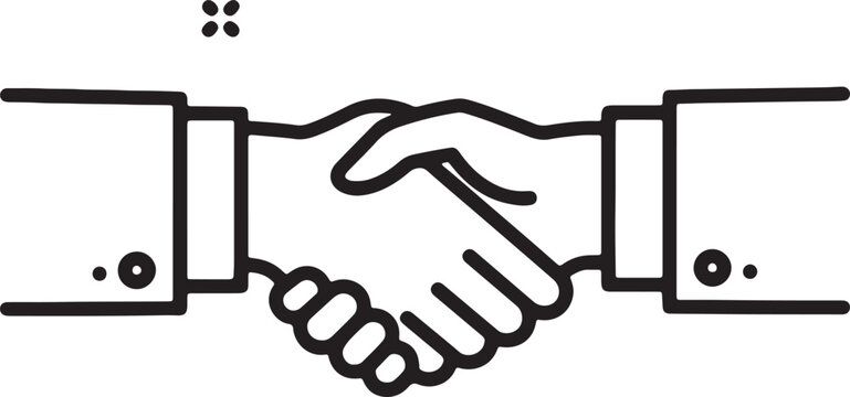 Black and white minimalist line art illustration of a firm handshake between two individuals, symbolizing agreement, partnership, collaboration, or mutual understanding in a professional or business