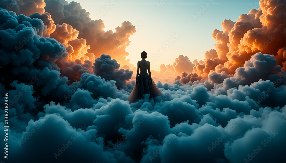 Poster a lone figure stands amidst a sea of fluffy clouds, bathed in the warm glow of a vibrant sunset sky.