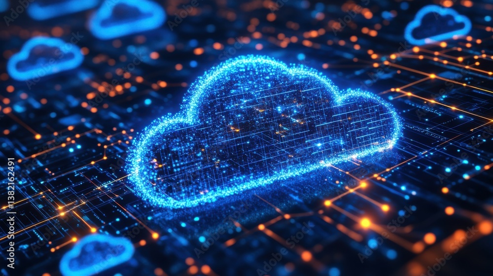 Poster a digital illustration of a glowing cloud surrounded by a network of interconnected data lines, symb