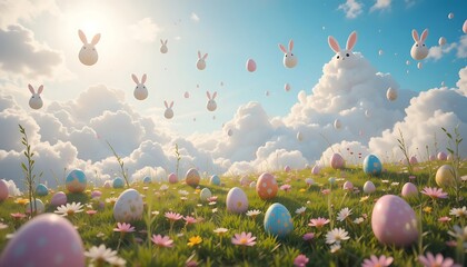 Easter Eggs and Bunny Clouds Floating Over a Flower Meadow