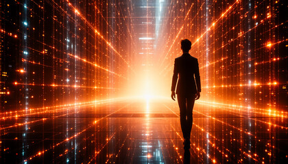 A silhouette walks into a bright, futuristic tunnel of orange and blue glowing light grids. The perspective draws the eye deep into a digital, abstract space.