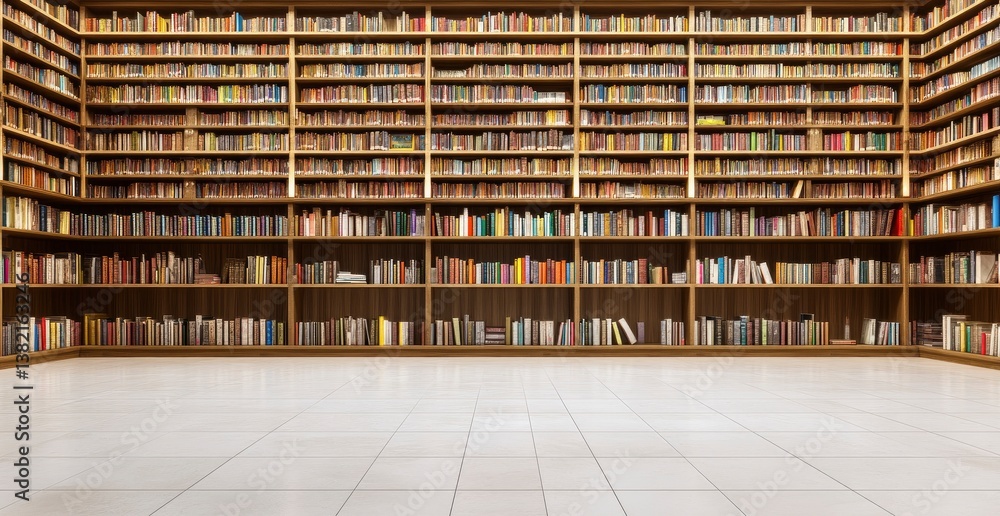 Poster exploring bookshelves in a library background with many books and floor