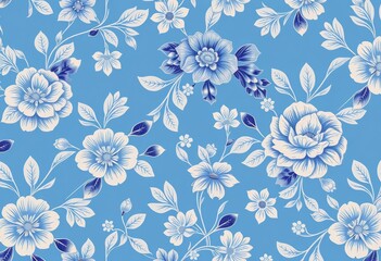 Fototapeta premium Elegant blue vintage floral seamless pattern with copy space, illustration, blossom