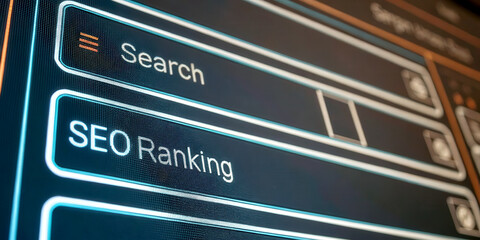 Obraz premium SEO keywords competition concept. Digital interface displaying search and SEO ranking options in a modern layout.