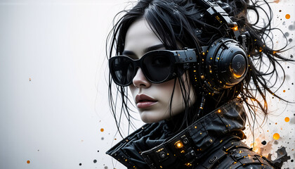 A woman with dark hair, wearing sunglasses and headphones, in a futuristic dark outfit with golden particle accents.