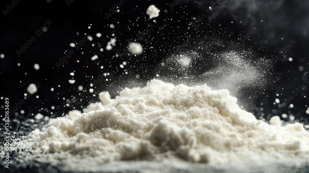 Aufkleber a close-up view of a pile of white powder, with particles suspended in the air, creating a dynamic a
