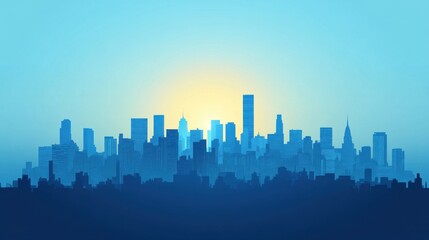 Fototapeta premium A vibrant blue silhouette of a city skyline at sunrise, showcasing various building shapes against a soft background gradient.