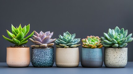Colorful succulent plants in stylish ceramic pots on minimal neutral background