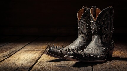 A statement pair of spiked cowboy boots rest on a rustic wooden floor, contrasted against a deep shadowed background.