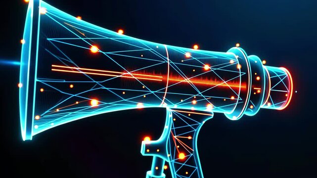 Futuristic digital megaphone emitting vibrant sound waves in a tech-inspired dark background