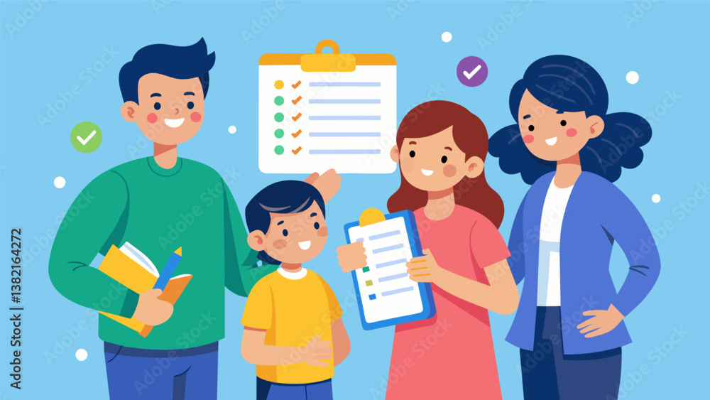 Poster a family crowded around a school supply list ticking off each item as they go and trying to remember
