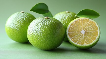 Three whole and one halved green citrus fruits with leaves