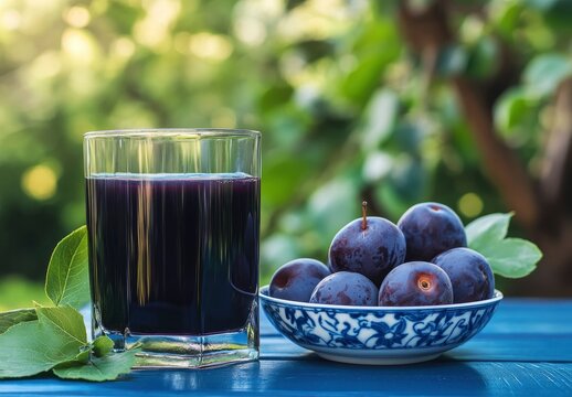 Enjoying Fresh Plum Juice with Ripe Plums on a Blue Table