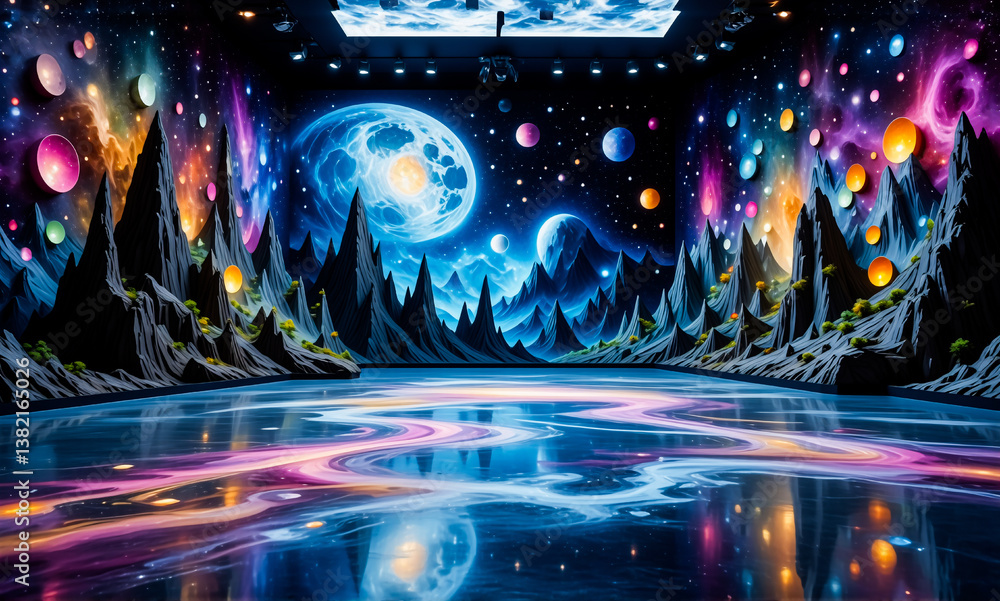 Aufkleber a surreal cosmic landscape with vibrant planets and jagged mountains reflected on a water-like surfa