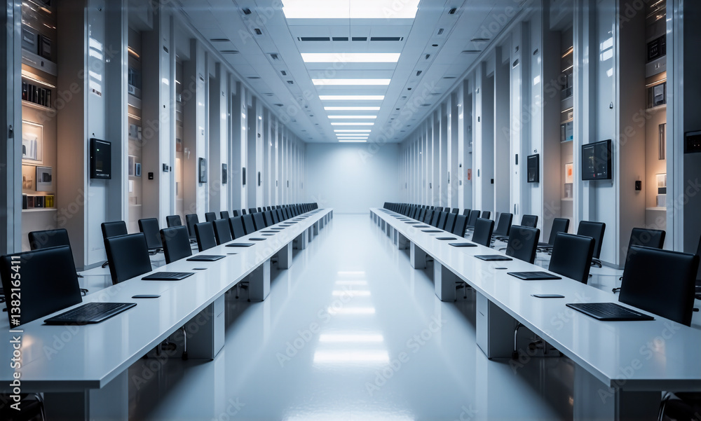 Poster bright, long conference room with rows of tables and chairs creates a sense of perspective. modern a